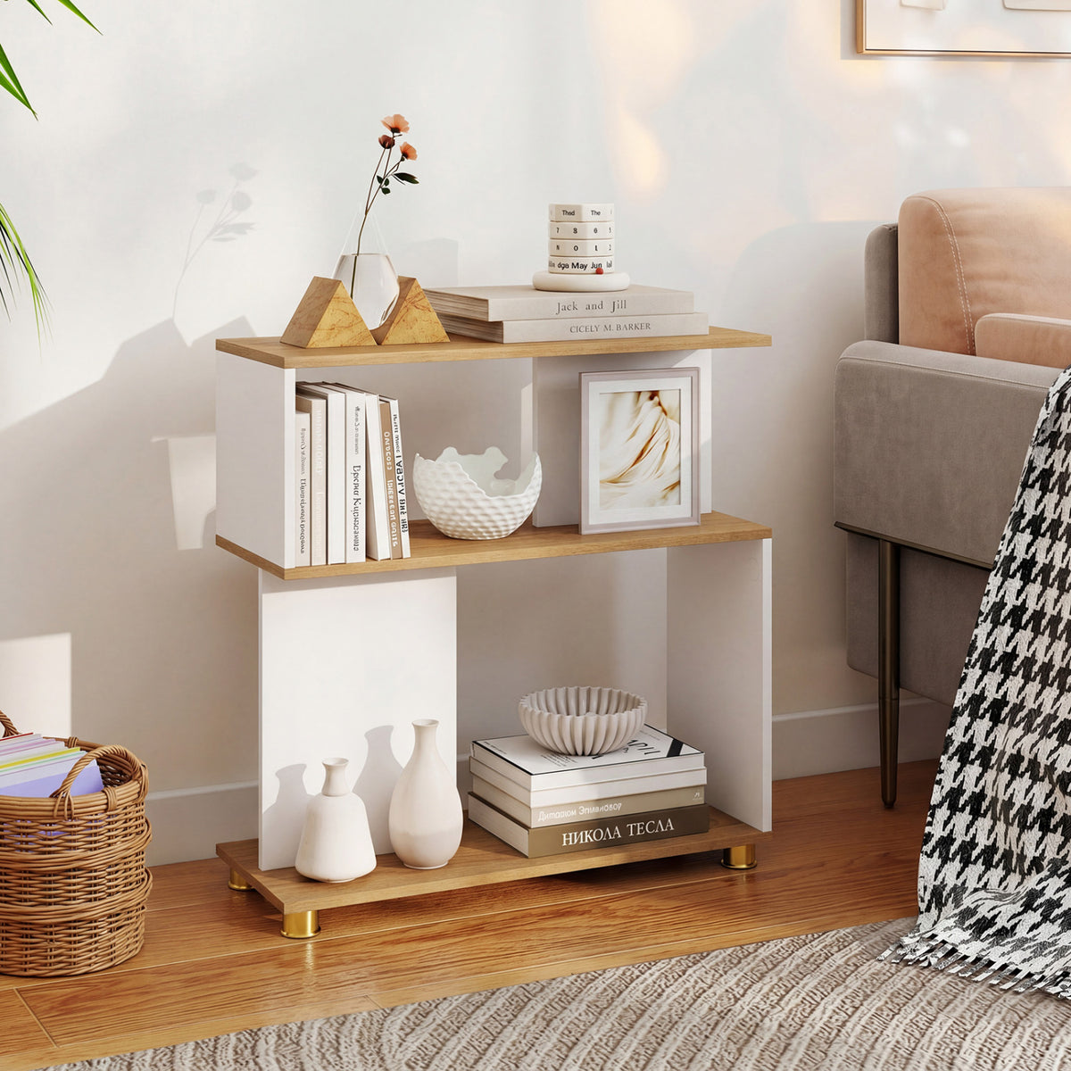 3-Tier Modern S-shaped Bookshelf with Adjustable Feet