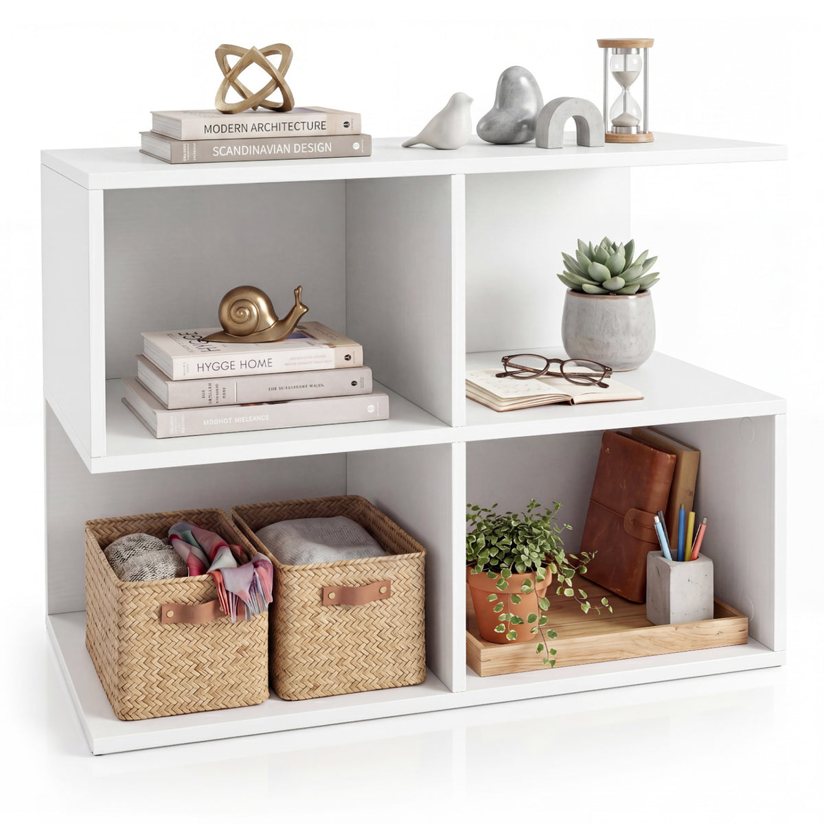 3-Tier Modern S-shaped  End Table  with 4 Storage Cubes-White