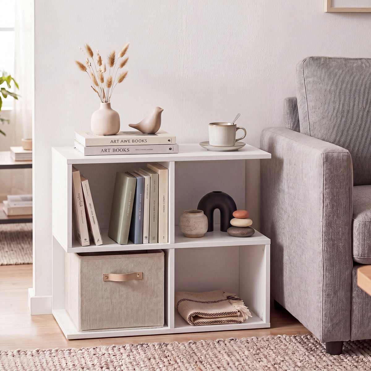 3-Tier Modern S-shaped  End Table  with 4 Storage Cubes-White