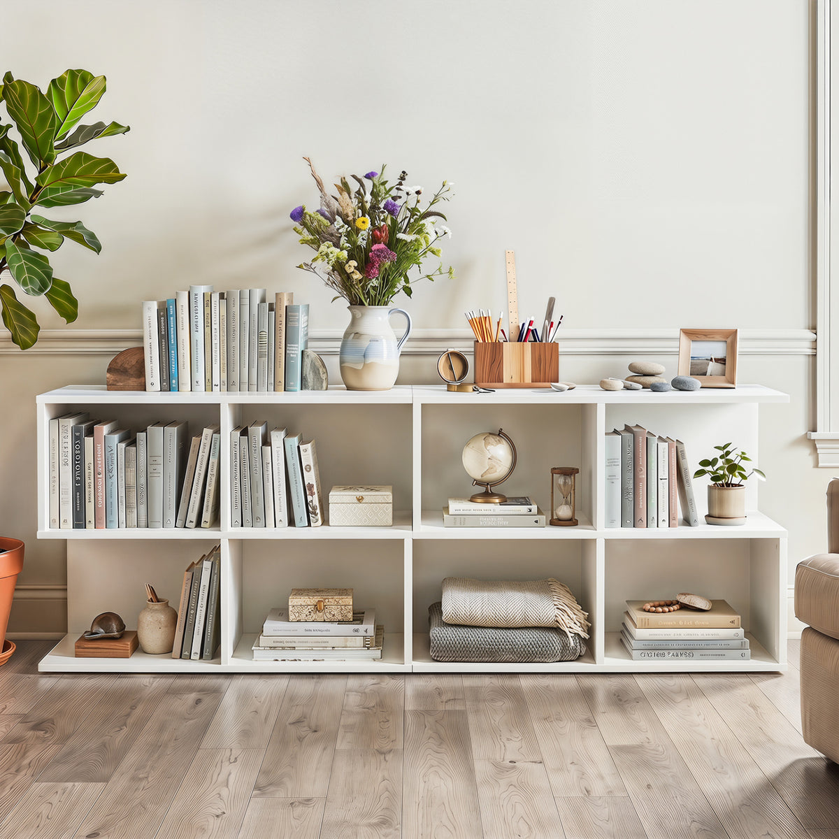 3-Tier Modern S-shaped  End Table  with 4 Storage Cubes-White