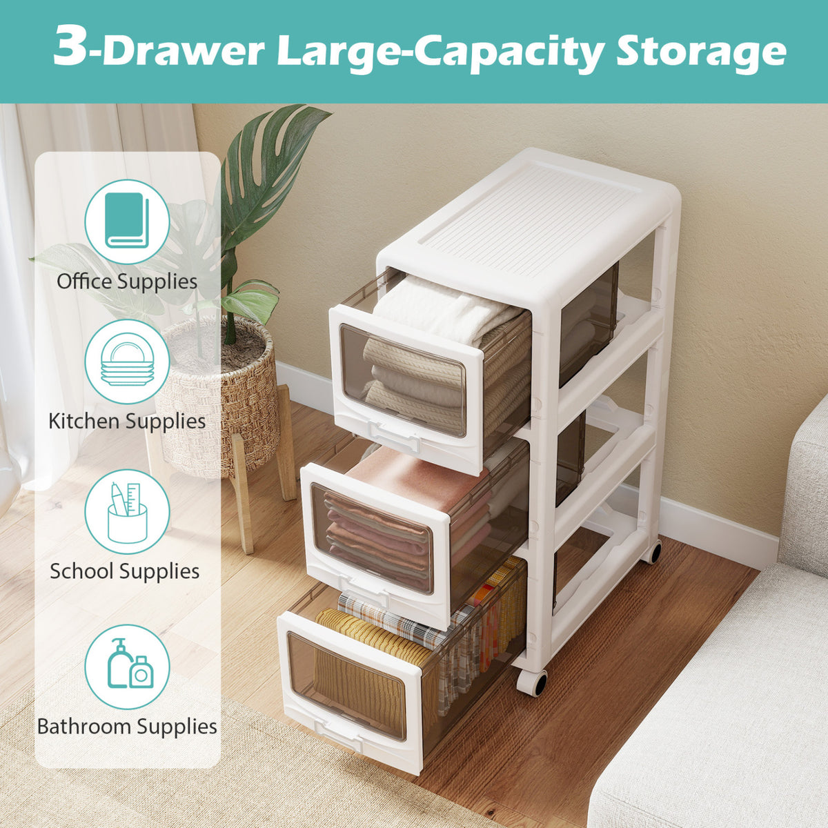 4-Tier/5-Tier/3-Tier Plastic Drawer Storage Organizer Rolling Cart with 3/4/5 Drawers and Lockable Wheels
