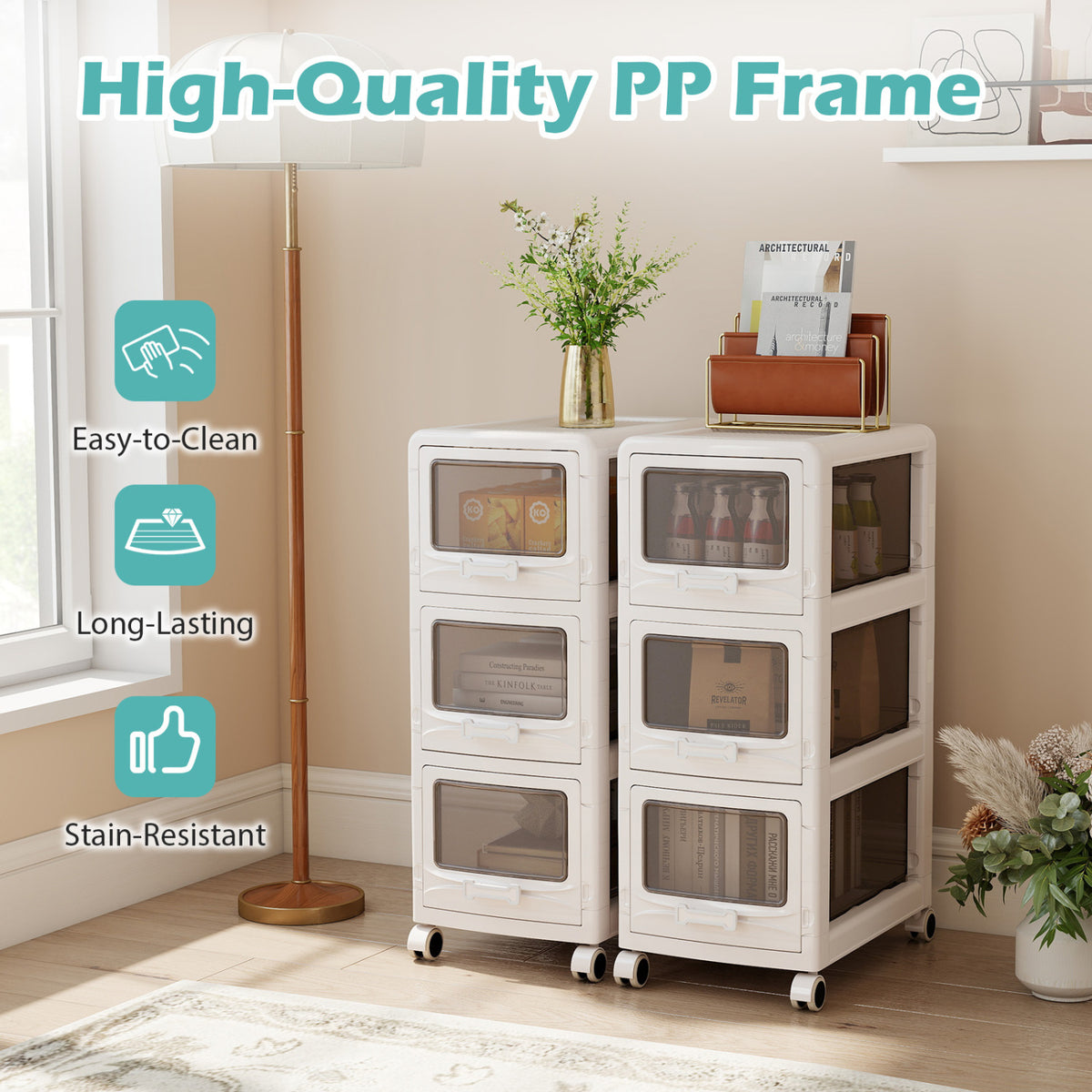 4-Tier/5-Tier/3-Tier Plastic Drawer Storage Organizer Rolling Cart with 3/4/5 Drawers and Lockable Wheels