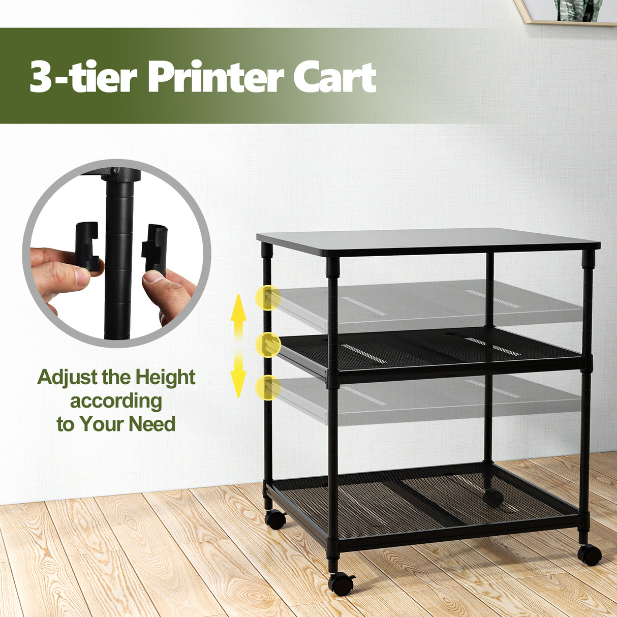 3 Tier Printer Stand Rolling Fax Cart with Adjustable Shelf and Swivel Wheels