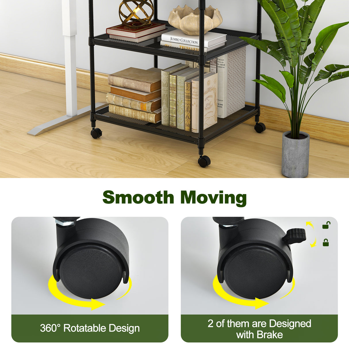 3 Tier Printer Stand Rolling Fax Cart with Adjustable Shelf and Swivel Wheels
