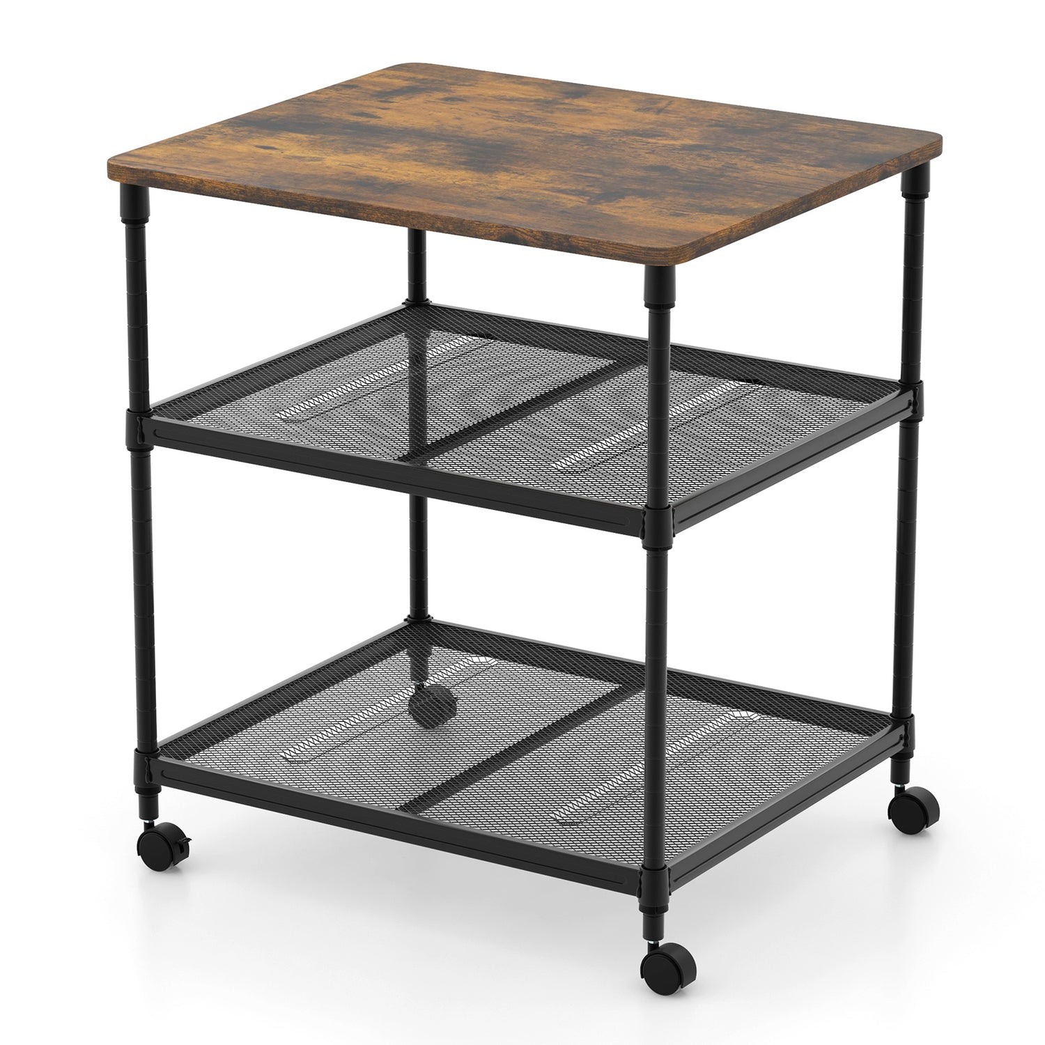 3 Tier Printer Stand Rolling Fax Cart with Adjustable Shelf and Swivel Wheels