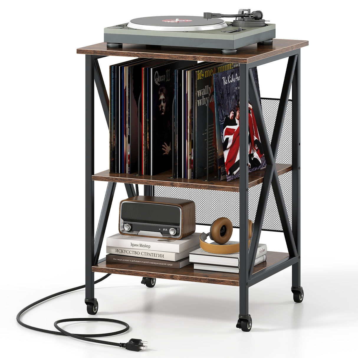 3-Tier Record Player Stand with Charging Station and Adjustable Shelf-Coffee
