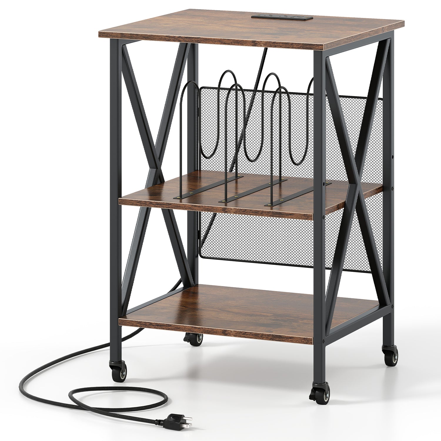 3-Tier Record Player Stand with Charging Station and Adjustable Shelf-Coffee