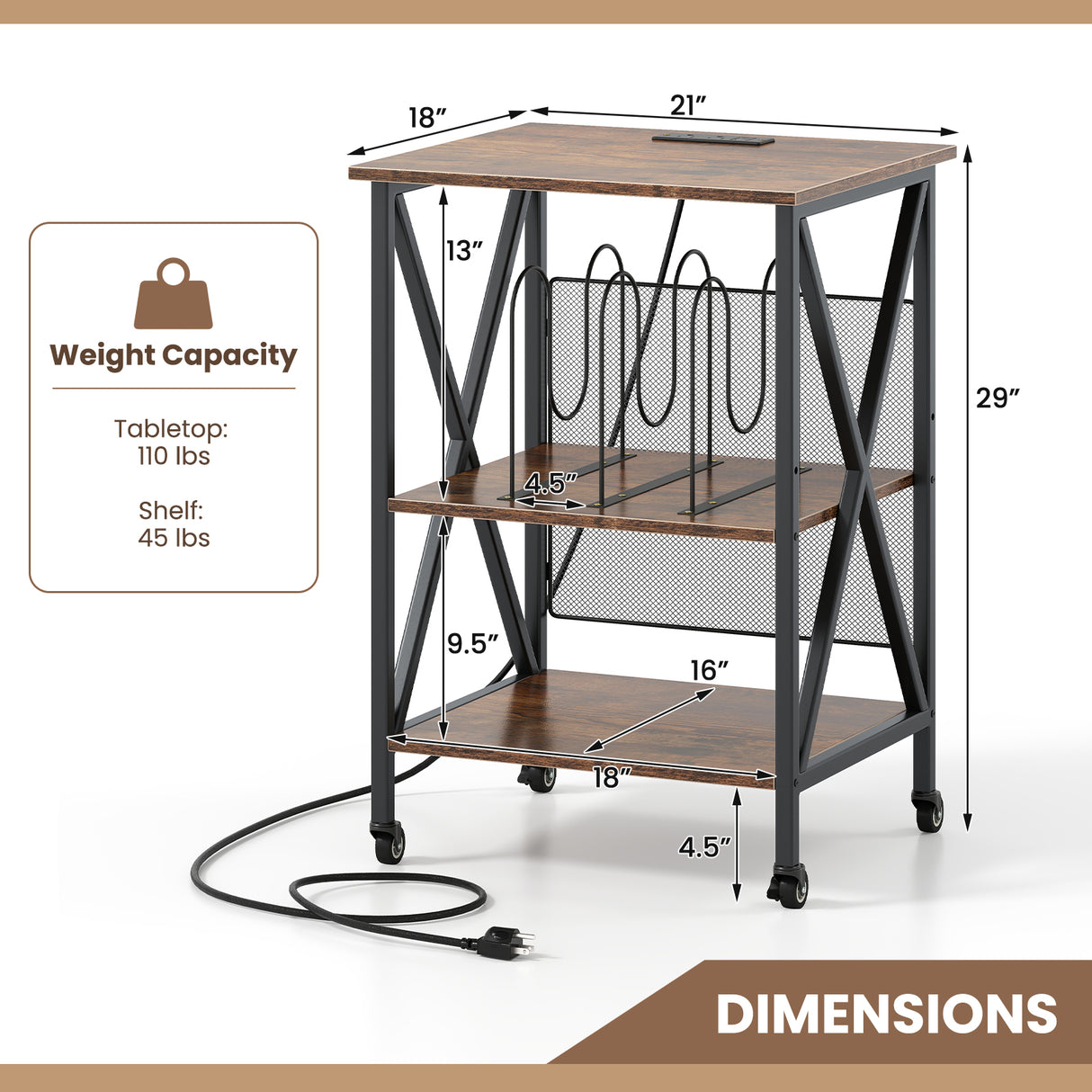 3-Tier Record Player Stand with Charging Station and Adjustable Shelf-Coffee
