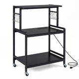 3-Tier Rolling Microwave Cart with Power Outlet and Lockable Wheels and 10 Hooks