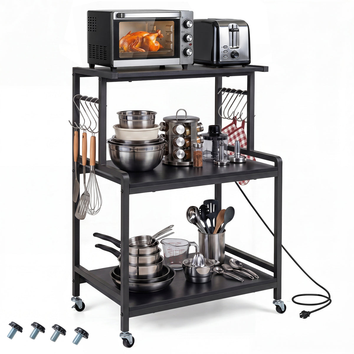 3-Tier Rolling Microwave Cart with Power Outlet and Lockable Wheels and 10 Hooks
