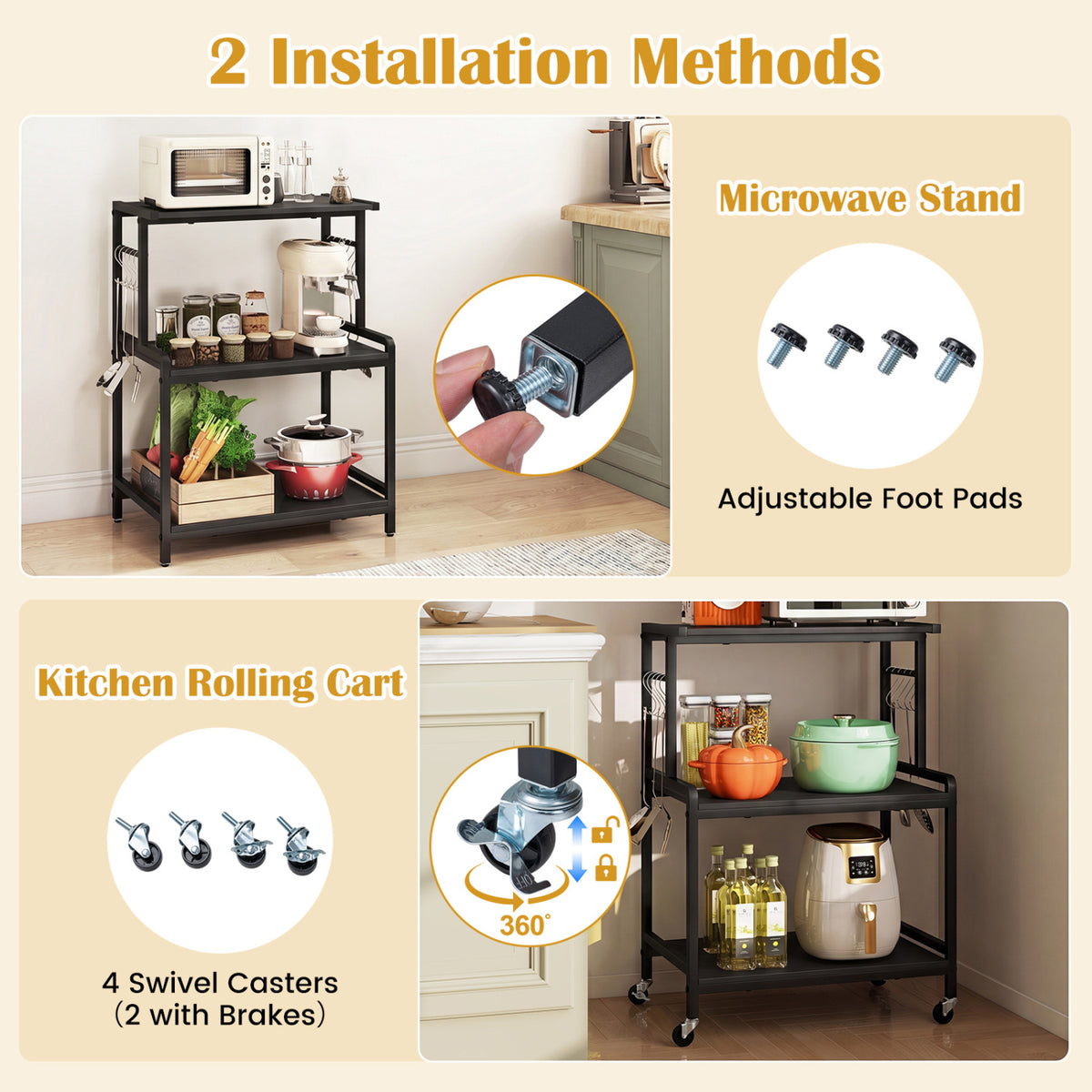 3-Tier Rolling Microwave Cart with Power Outlet and Lockable Wheels and 10 Hooks