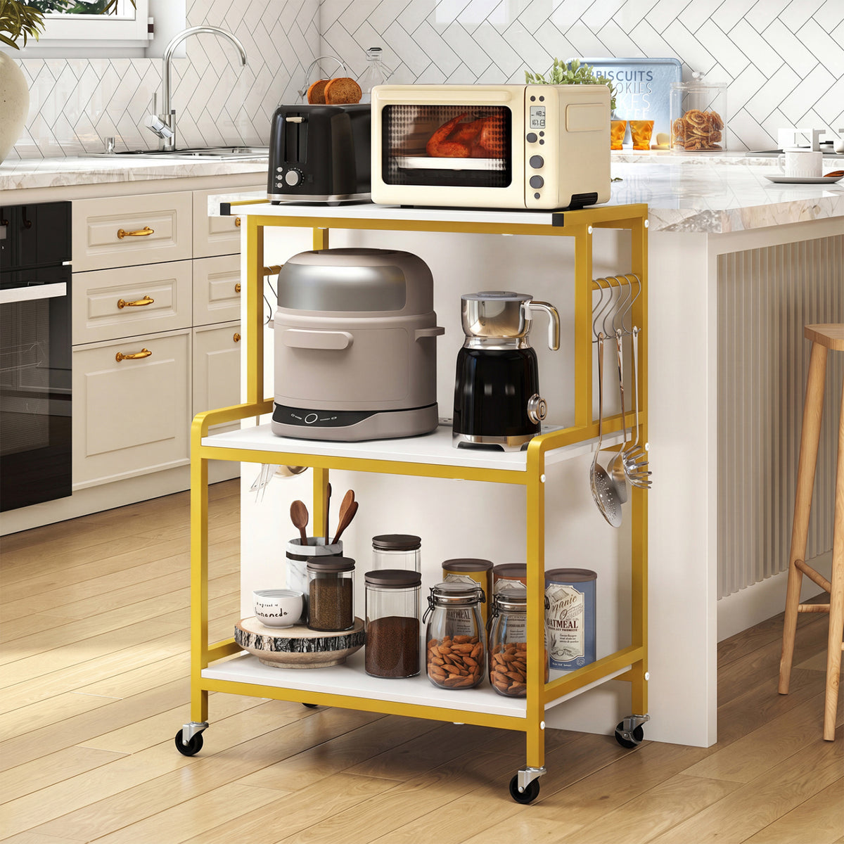 3-Tier Rolling Microwave Cart with Power Outlet and Lockable Wheels and 10 Hooks