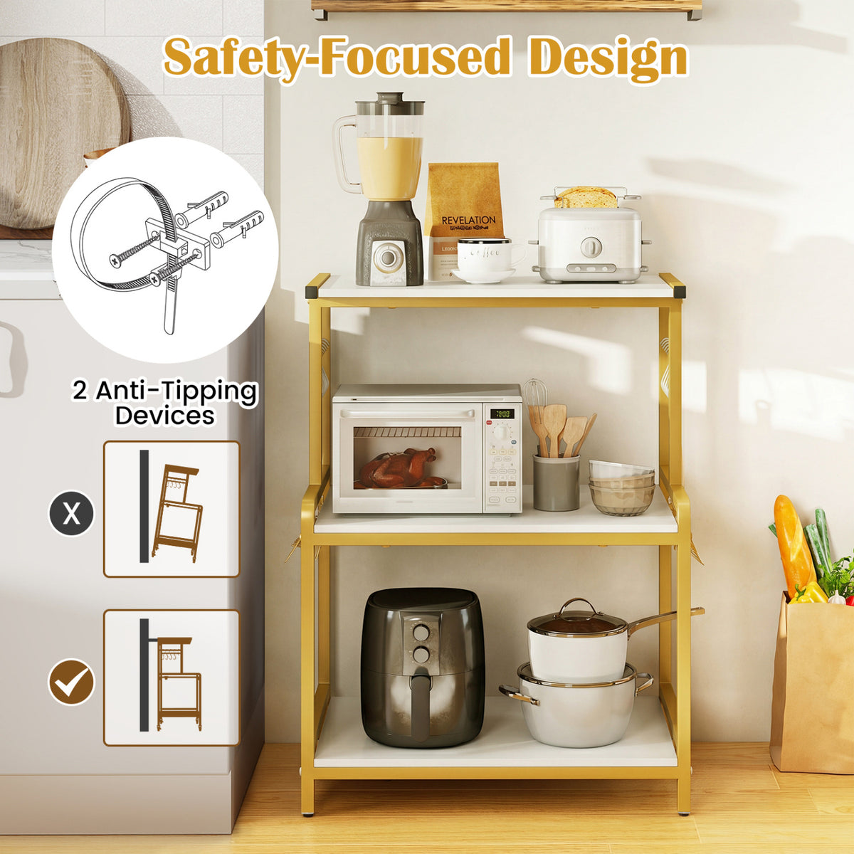 3-Tier Rolling Microwave Cart with Power Outlet and Lockable Wheels and 10 Hooks
