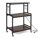 3-Tier Rolling Microwave Cart with Power Outlet and Lockable Wheels and 10 Hooks