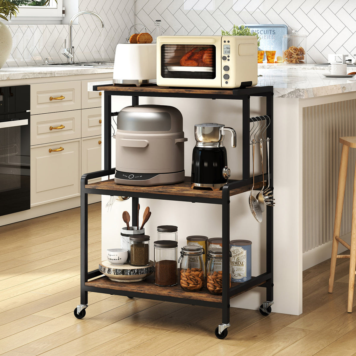 3-Tier Rolling Microwave Cart with Power Outlet and Lockable Wheels and 10 Hooks