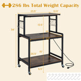 3-Tier Rolling Microwave Cart with Power Outlet and Lockable Wheels and 10 Hooks