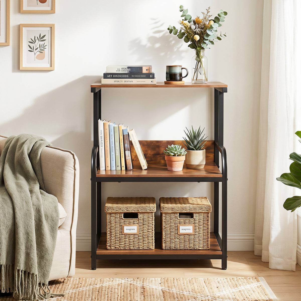 3-Tier Rolling Printer Stand with Adjustable Shelf and Lockable Wheels