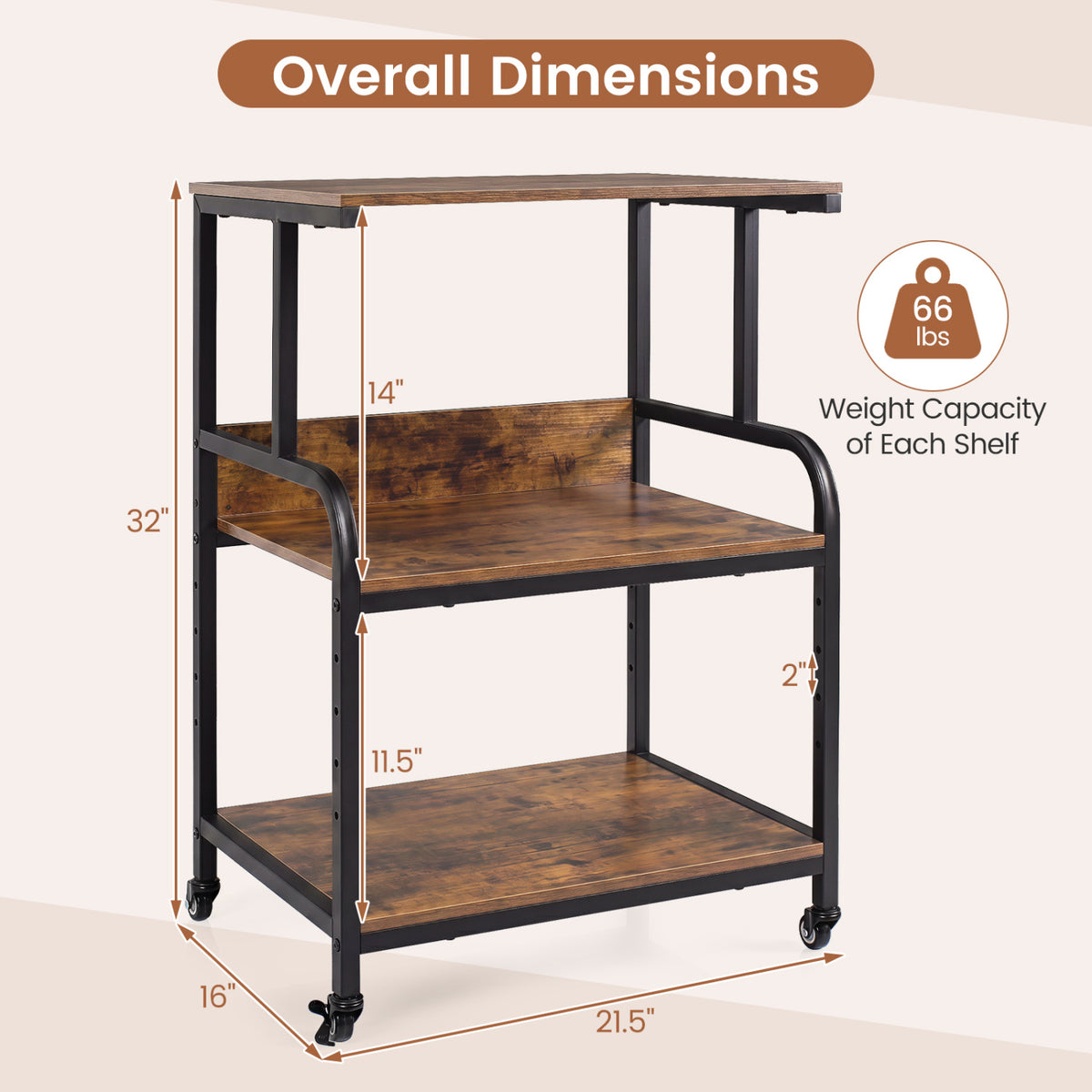 3-Tier Rolling Printer Stand with Adjustable Shelf and Lockable Wheels