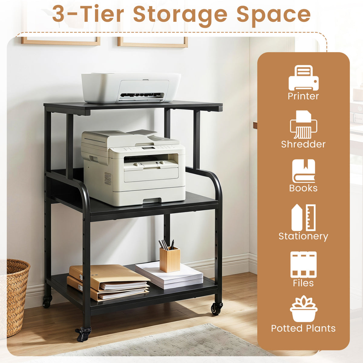 3-Tier Rolling Printer Stand with Adjustable Shelf and Lockable Wheels