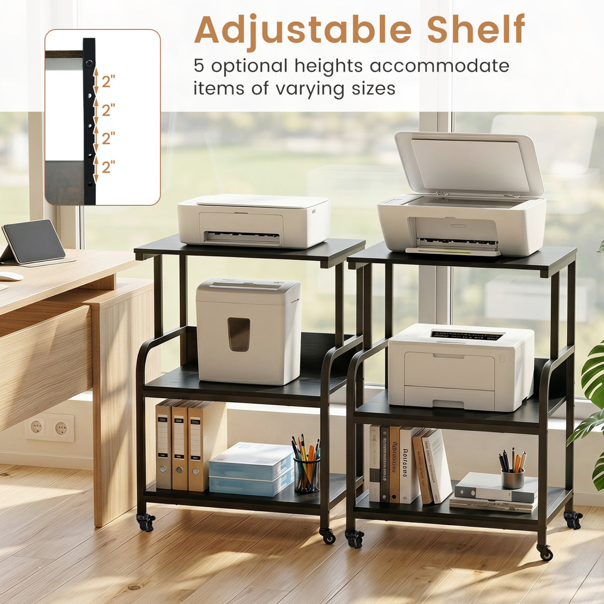 3-Tier Rolling Printer Stand with Adjustable Shelf and Lockable Wheels