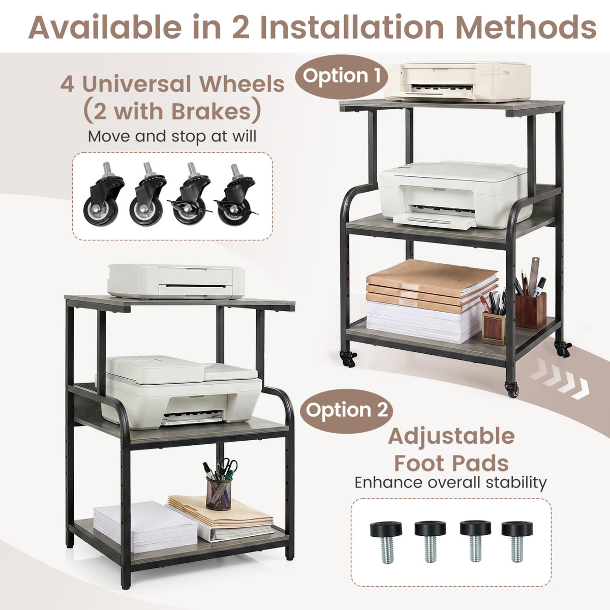 3-Tier Rolling Printer Stand with Adjustable Shelf and Lockable Wheels