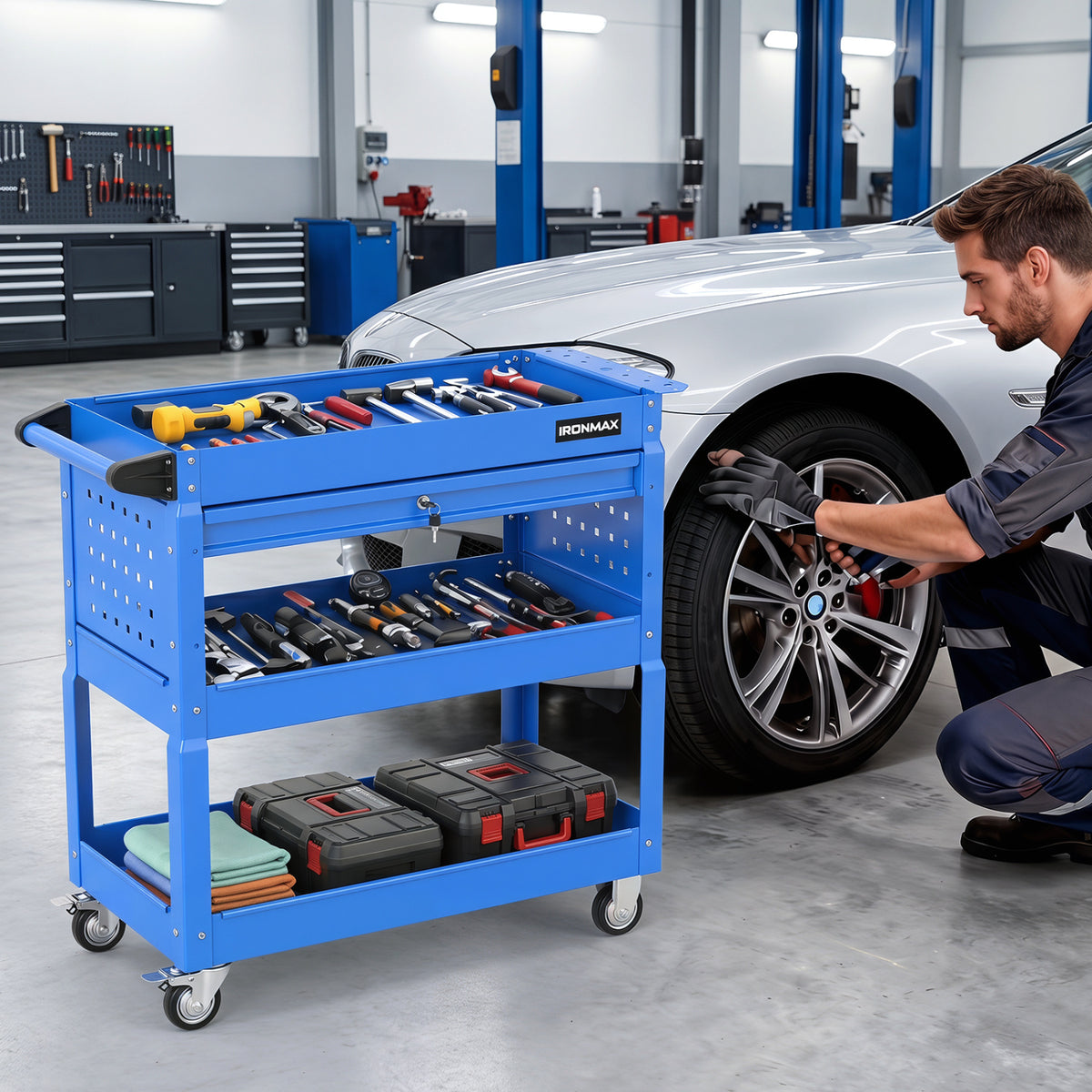 3 Tier Rolling Tool Cart with Lockable Drawer for Garage and Workshop