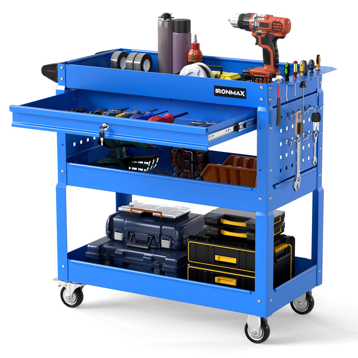 3 Tier Rolling Tool Cart with Lockable Drawer for Garage and Workshop