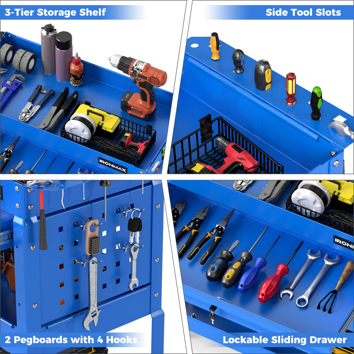 3 Tier Rolling Tool Cart with Lockable Drawer for Garage and Workshop