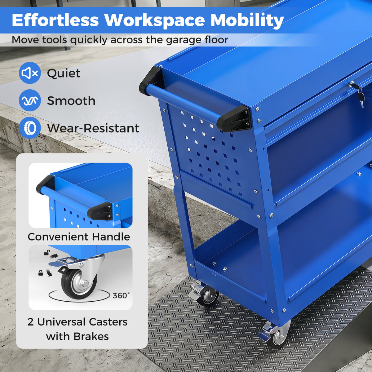 3 Tier Rolling Tool Cart with Lockable Drawer for Garage and Workshop