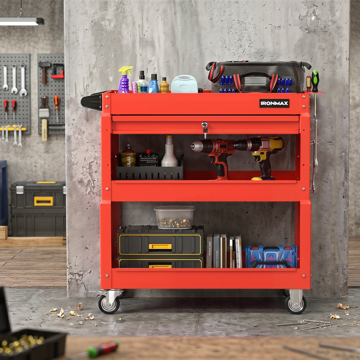 3 Tier Rolling Tool Cart with Lockable Drawer for Garage and Workshop