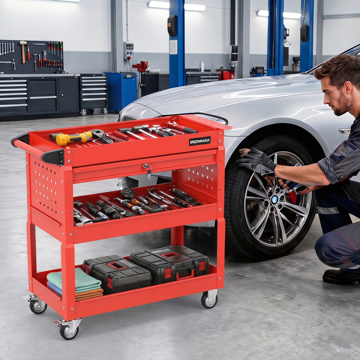 3 Tier Rolling Tool Cart with Lockable Drawer for Garage and Workshop