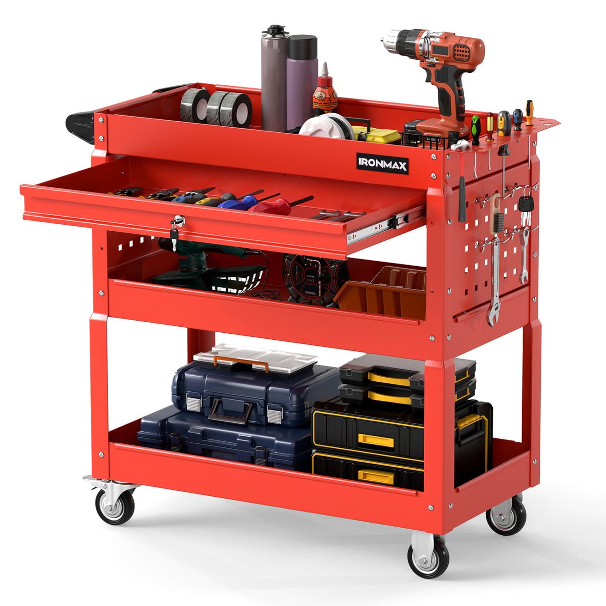 3 Tier Rolling Tool Cart with Lockable Drawer for Garage and Workshop