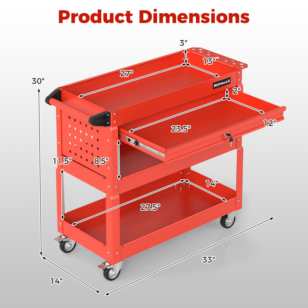 3 Tier Rolling Tool Cart with Lockable Drawer for Garage and Workshop