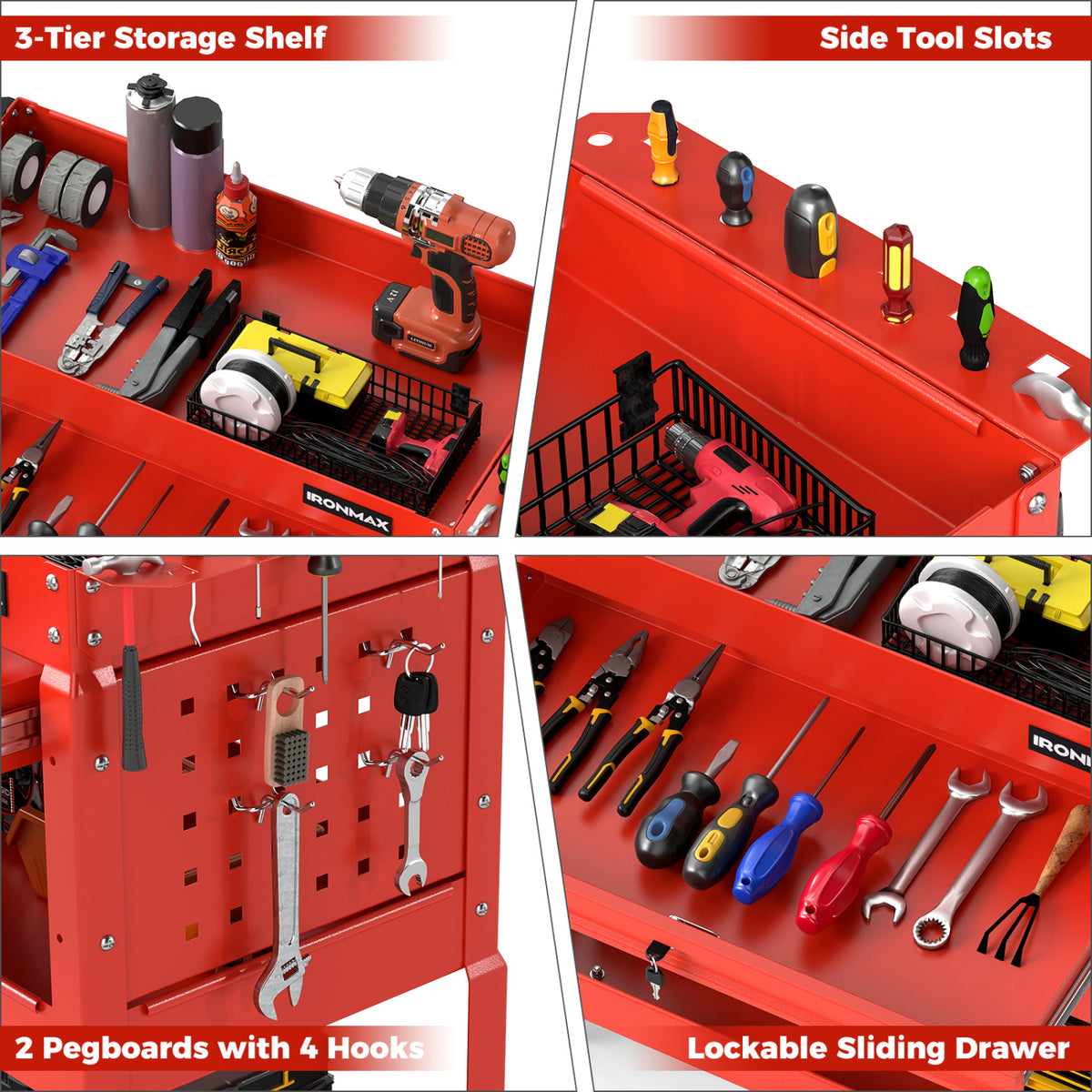 3 Tier Rolling Tool Cart with Lockable Drawer for Garage and Workshop
