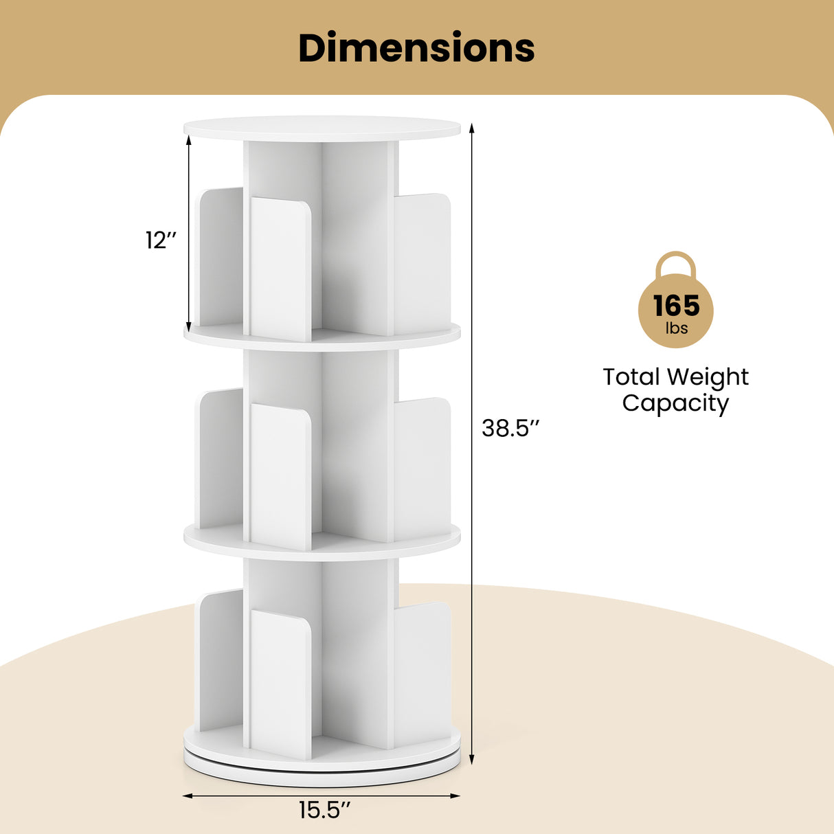 3-Tier Rotating Bookshelf with Dividers and Anti-falling Baffles