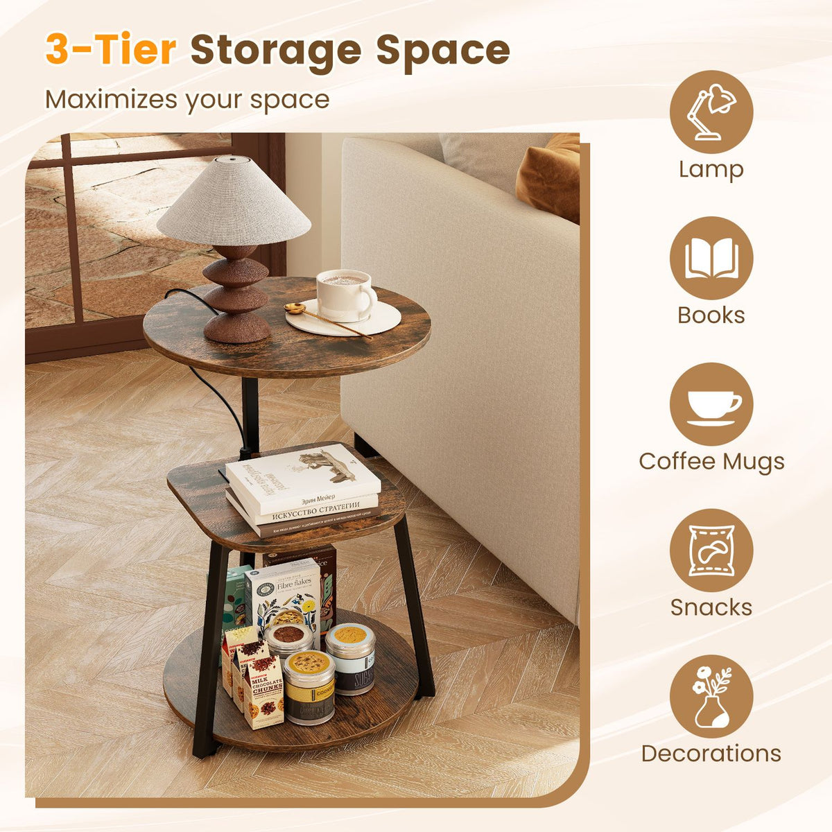 3-Tier Round End Table with Charging Station with Metal Frame-1 pack