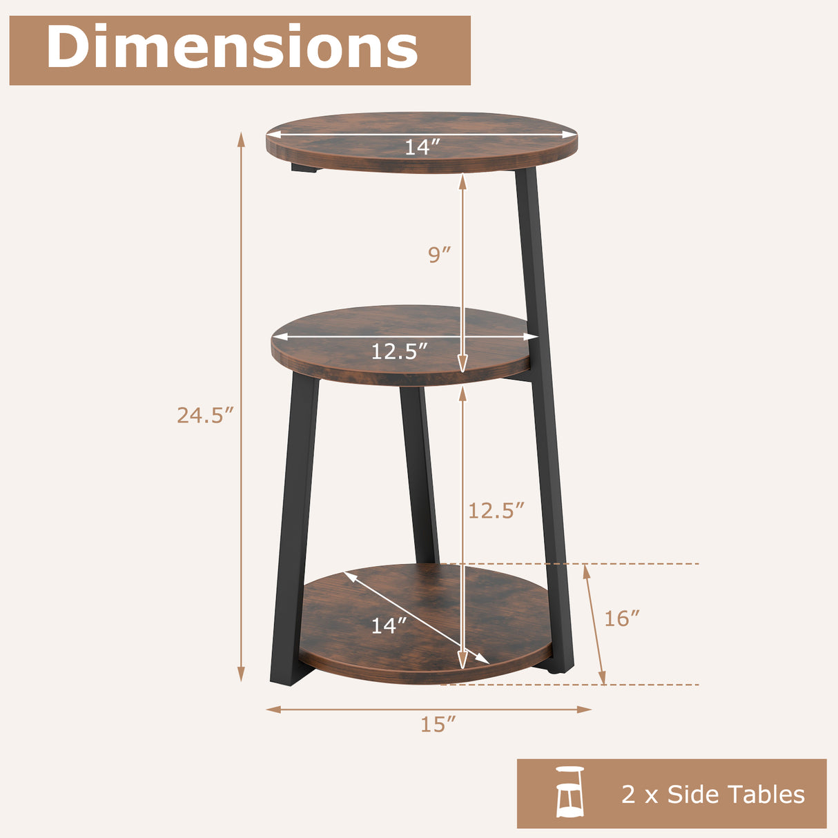 3-Tier Accent Round Side Table with Metal Frame-Set of 2