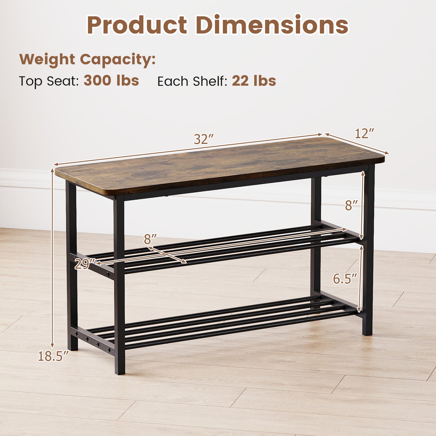 3-Tier Shoe Rack Shoe Bench with Metal Slat Shelves and Long Wooden Seat-Rustic Brown