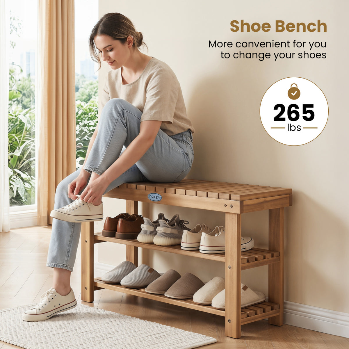 3-Tier Solid Wood Shoe Rack Bench with Slatted Shelves