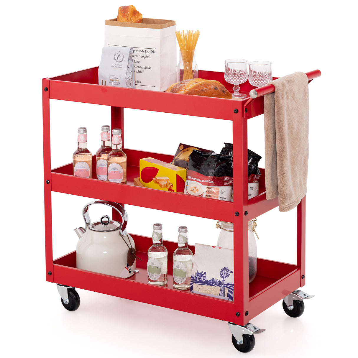 3-Tier Utility Cart Metal Mental Storage Service Trolley-Red