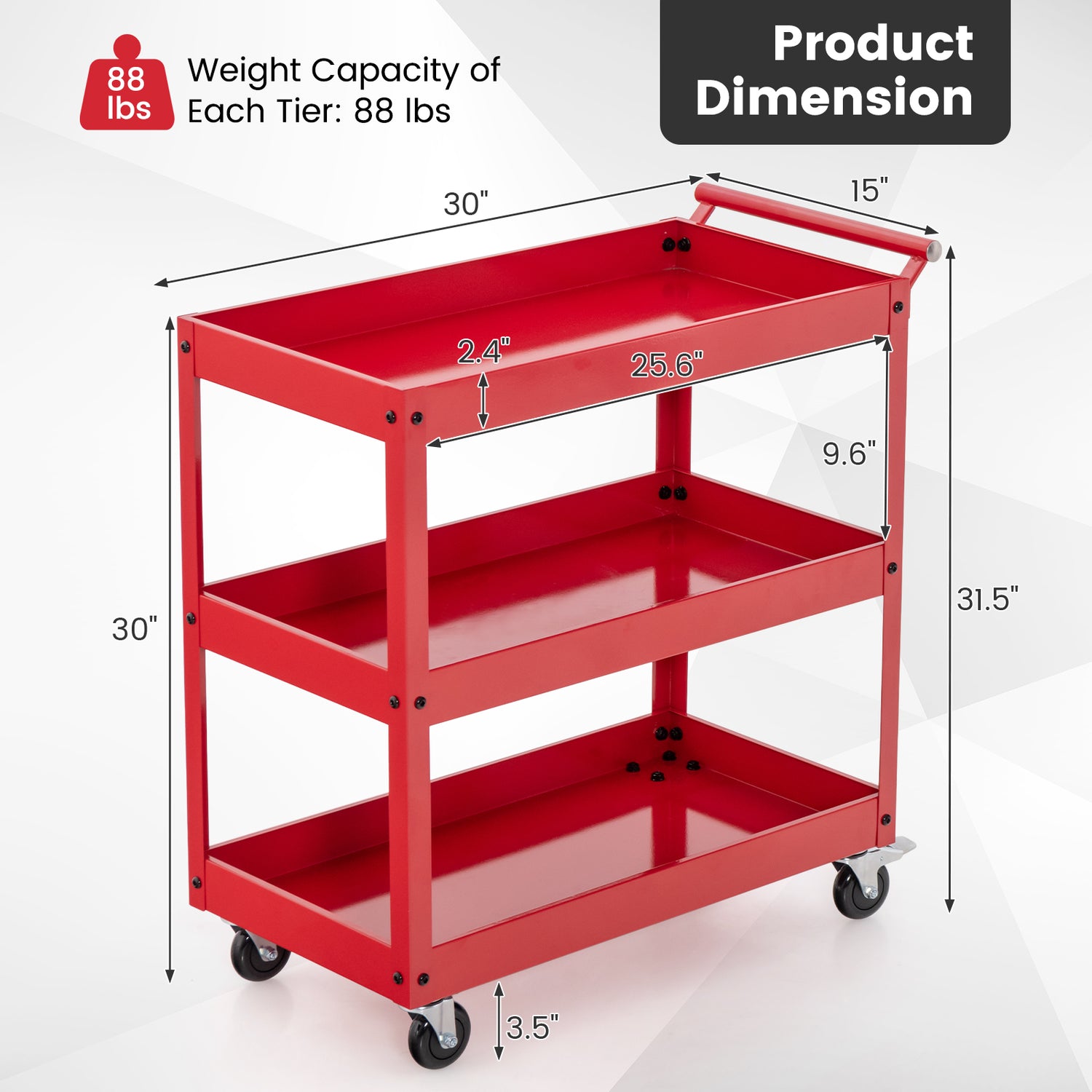 3-Tier Utility Cart Metal Mental Storage Service Trolley-Red