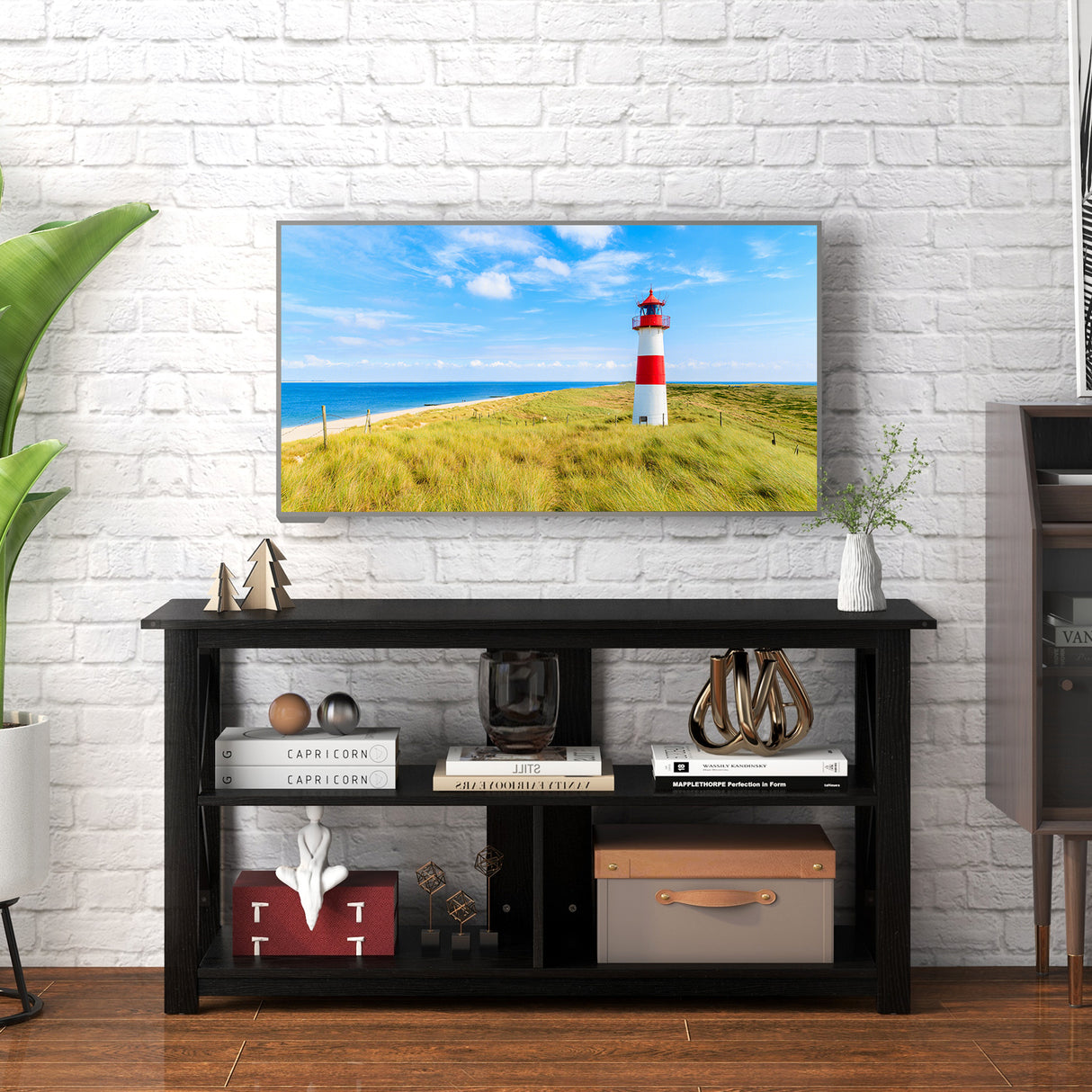 3 Tier Wood TV Stand for 55-Inch with Open Shelves and X-Shaped Frame