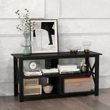 3 Tier Wood TV Stand for 55-Inch with Open Shelves and X-Shaped Frame