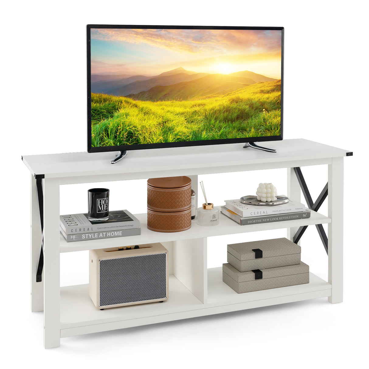 3 Tier Wood TV Stand for 55-Inch with Open Shelves and X-Shaped Frame