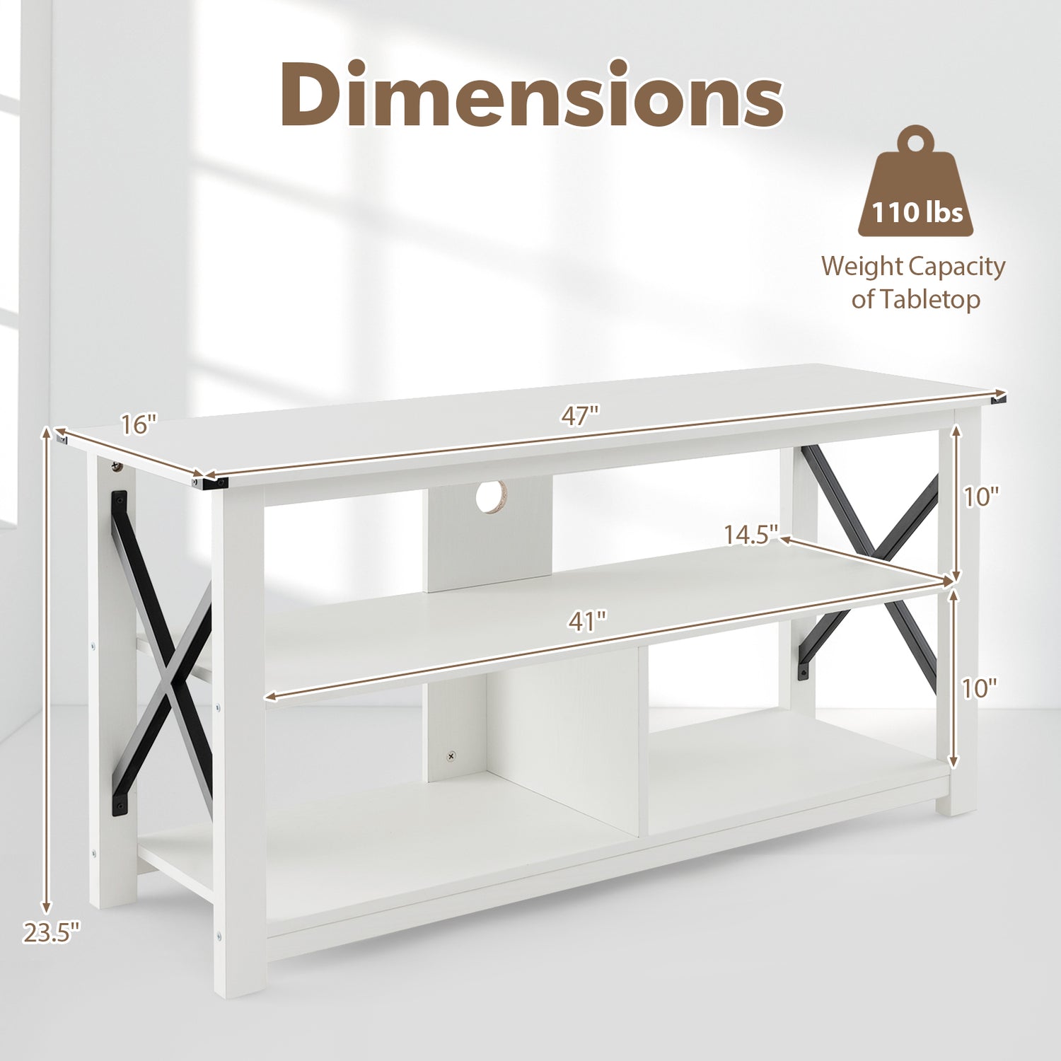 3 Tier Wood TV Stand for 55-Inch with Open Shelves and X-Shaped Frame