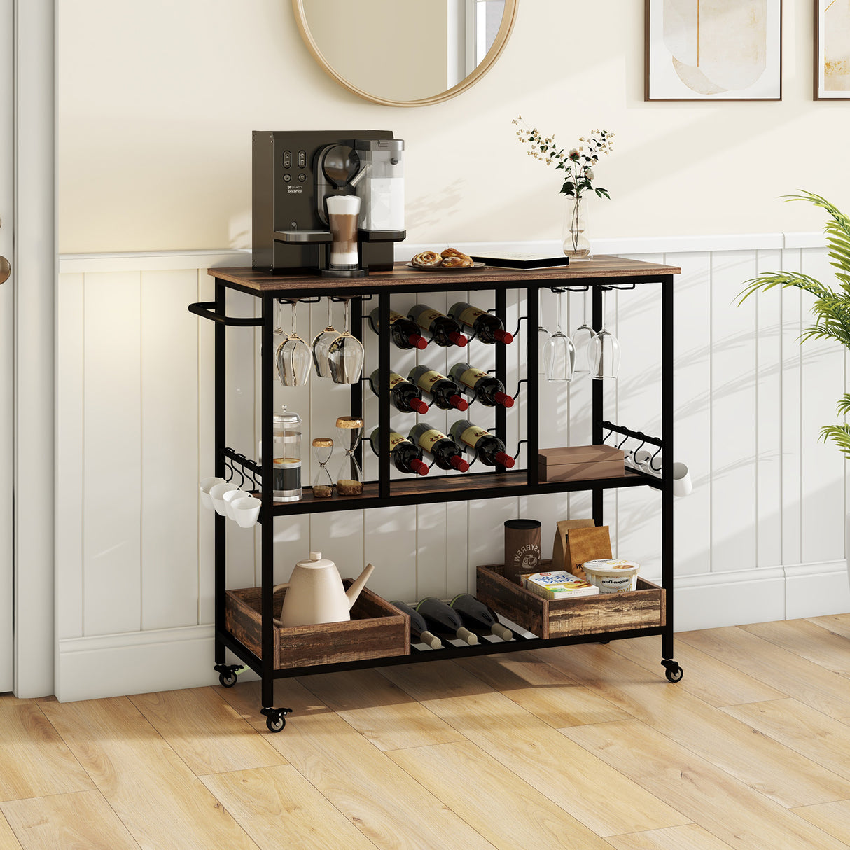 3 Tiers Bar Cart on Wheels with Glass Racks