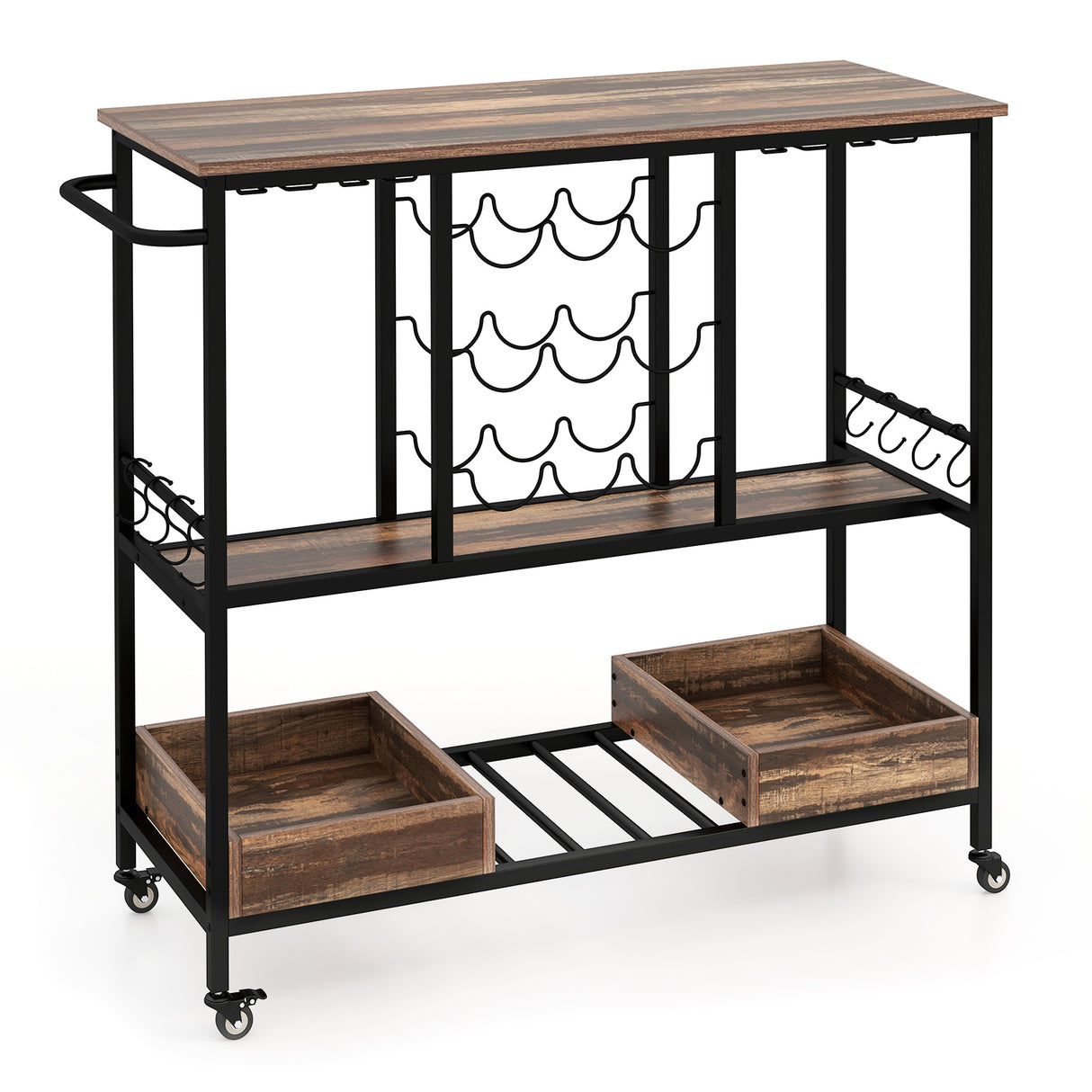 3 Tiers Bar Cart on Wheels with Glass Racks