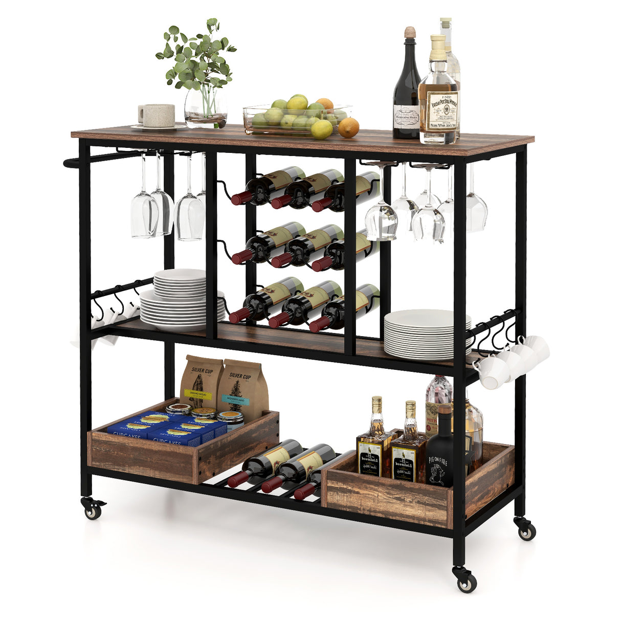 3 Tiers Bar Cart on Wheels with Glass Racks