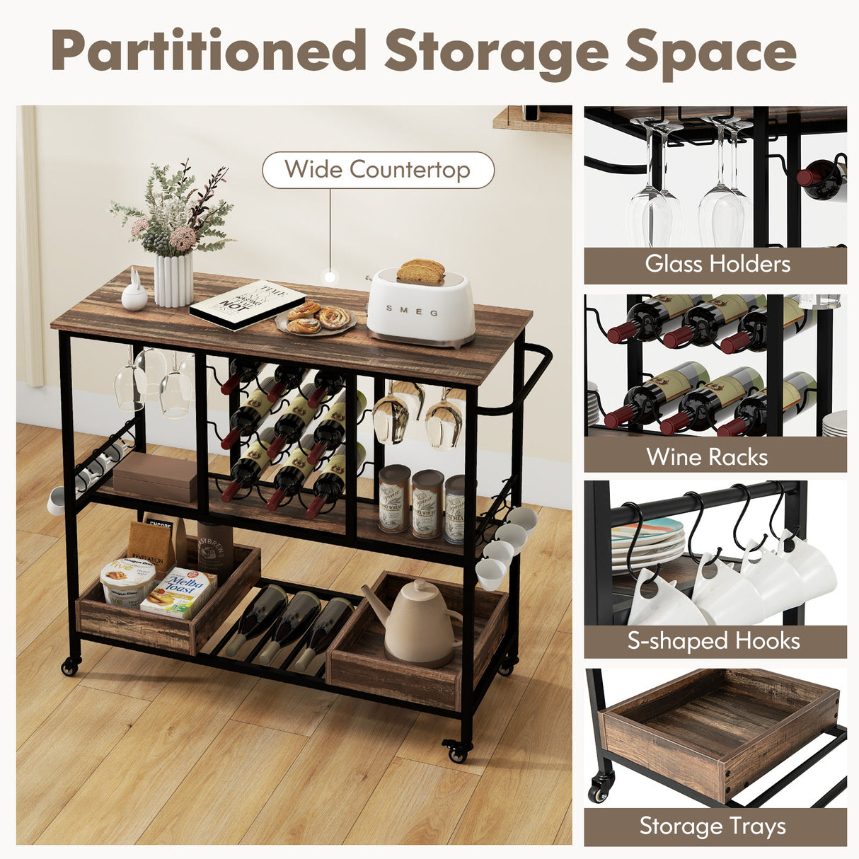 3 Tiers Bar Cart on Wheels with Glass Racks