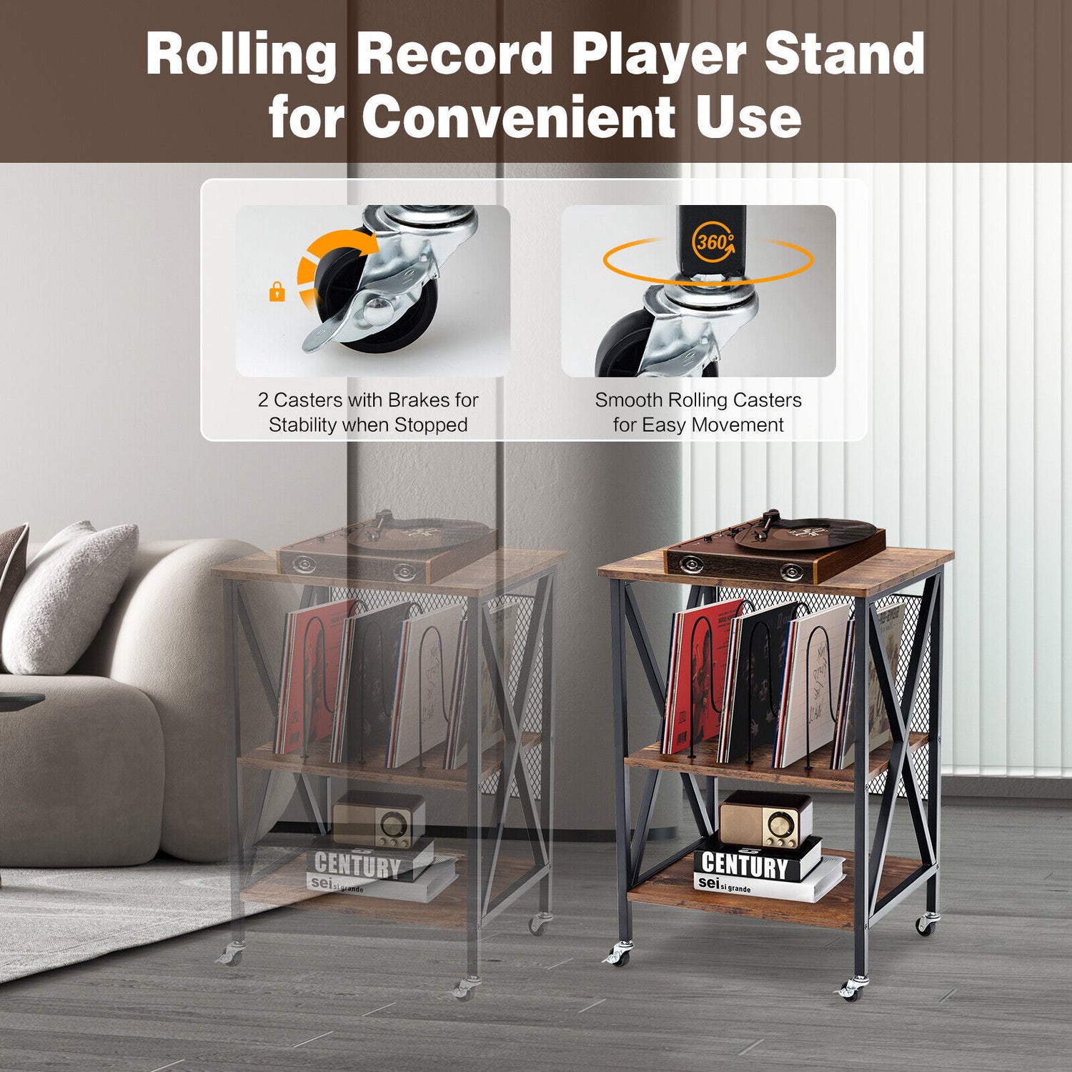 3 Tiers Vintage Style Rolling End Table with 3 Dividers for Albums-Brown